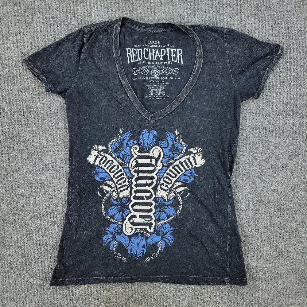 Red Chapter Shirt Women's Large Gray Forever Country Graphic V-Neck Short Sleeve
